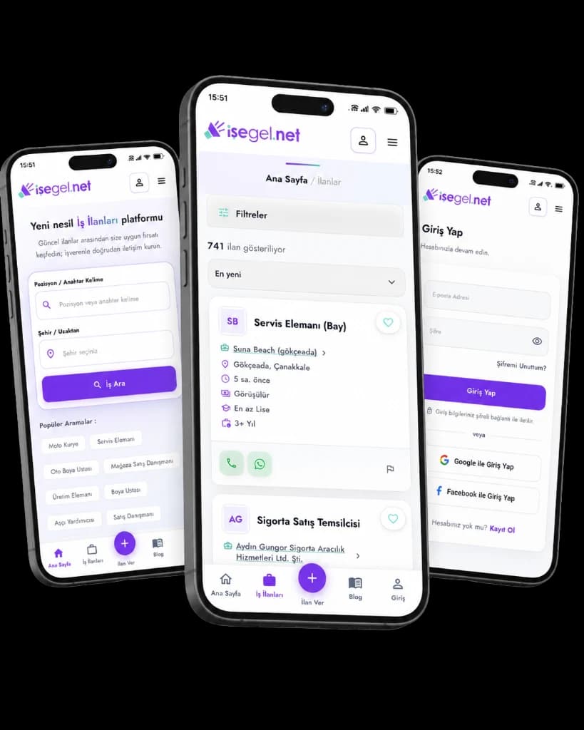işegel.net mobil uygulama — arama, ilan listesi ve giriş ekranları